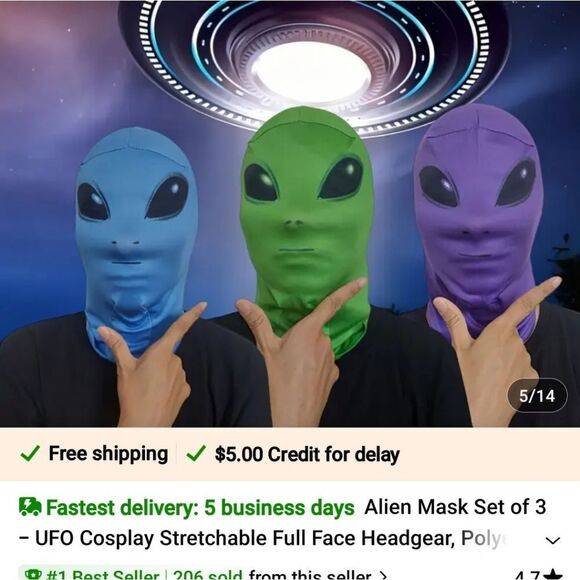 Set of 3 alien masks for costume party. New with tags. - Picture 2 of 3